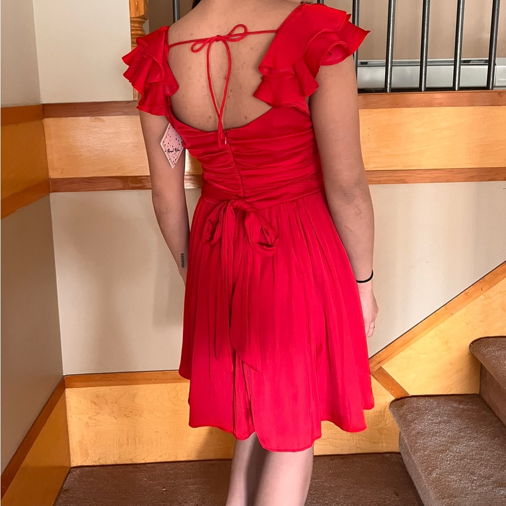 Red Mini Ruffle Satin Dress - Picture 2 of 8